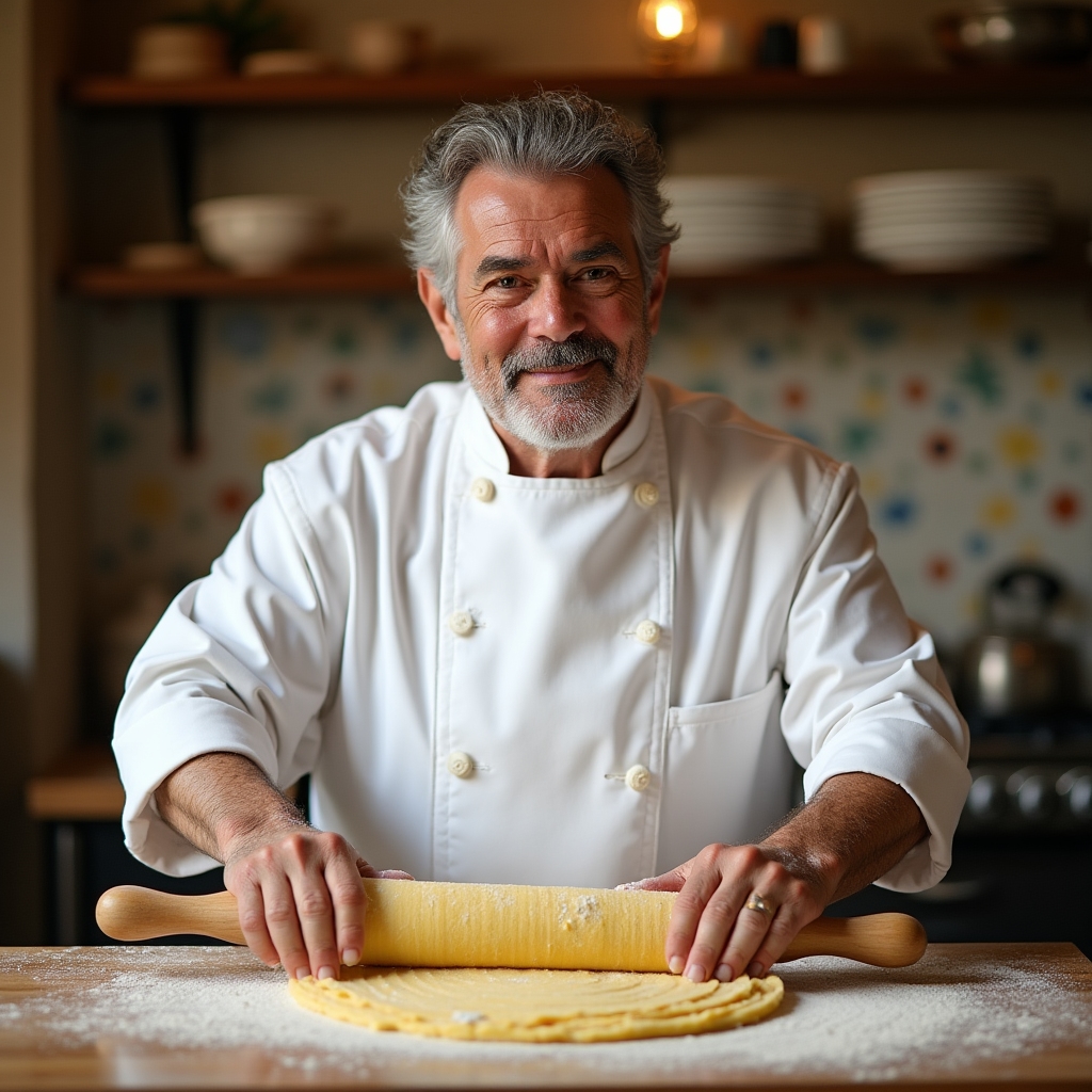 Chef emiliano di mezza età che mostra la tecnica per tirare la sfoglia a mano su un piano di legno