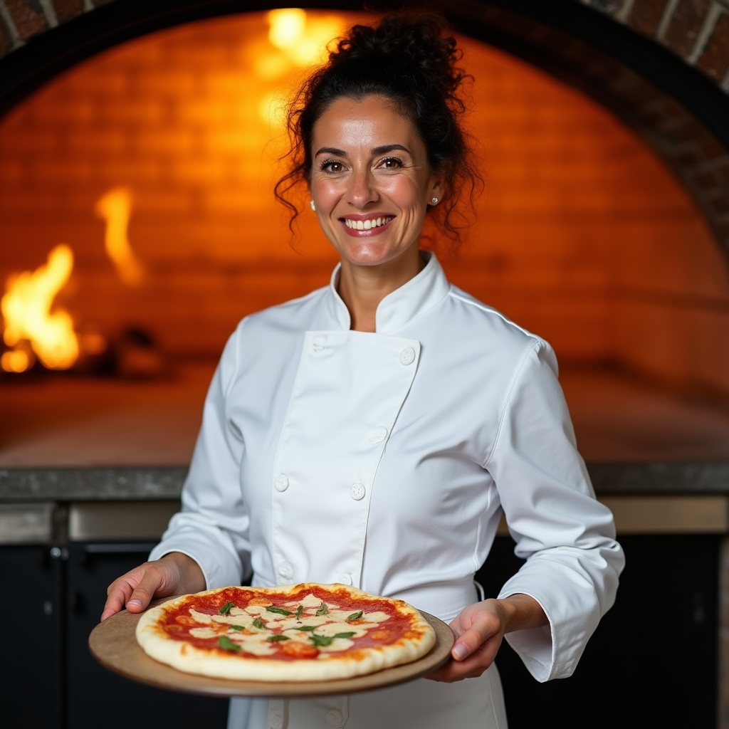 Chef napoletana donna che lavora l'impasto della pizza con gesti esperti in cucina luminosa