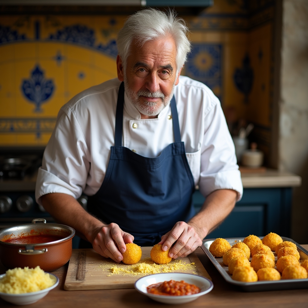 Chef siciliano anziano che prepara arancini in cucina tradizionale con pareti di piastrelle colorate