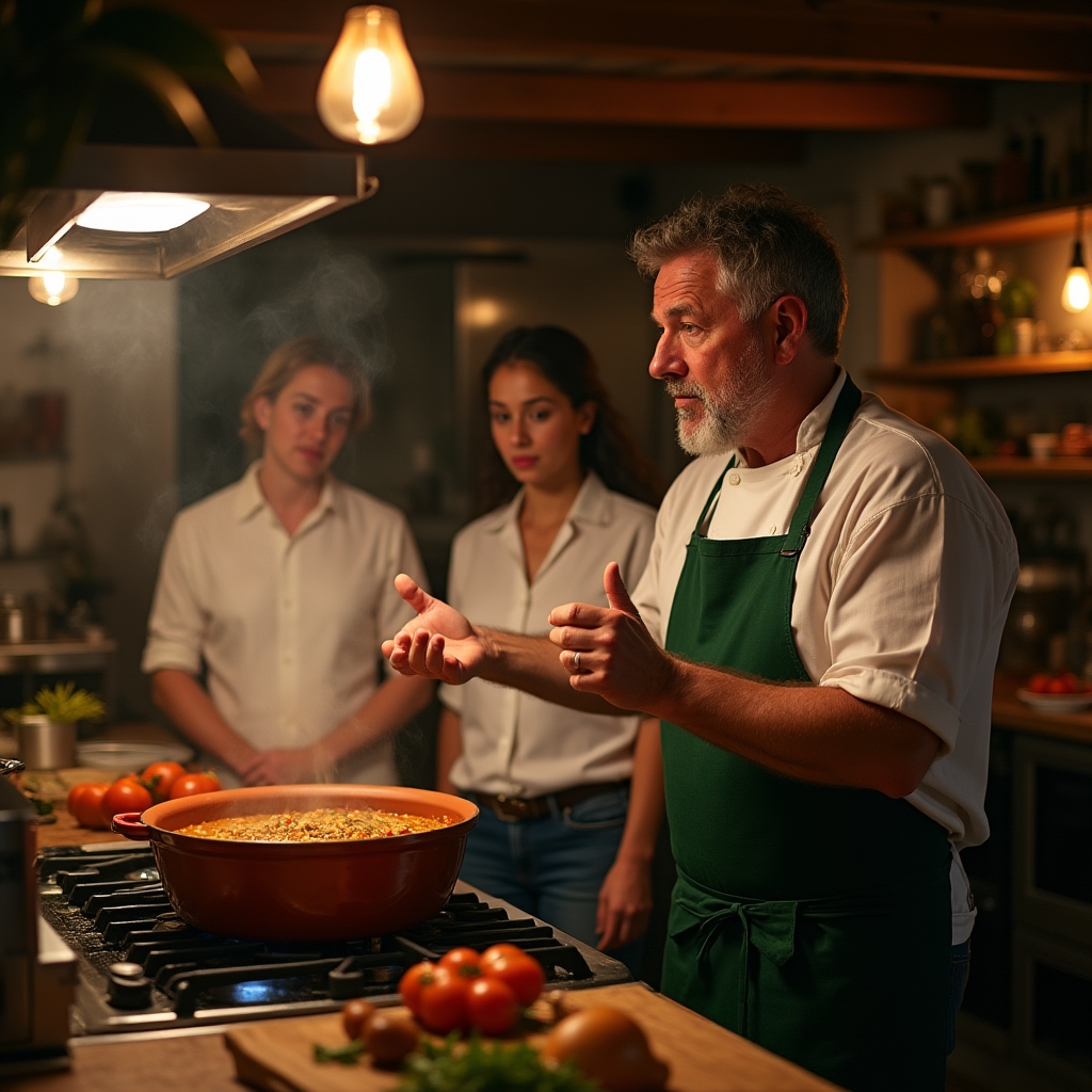 Chef locale che spiega la tecnica di cottura a studenti attenti in cucina professionale