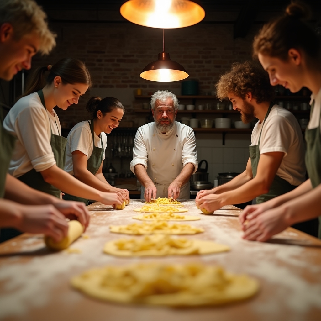 Gruppo di studenti che impara a fare la pasta fresca con uno chef emiliano