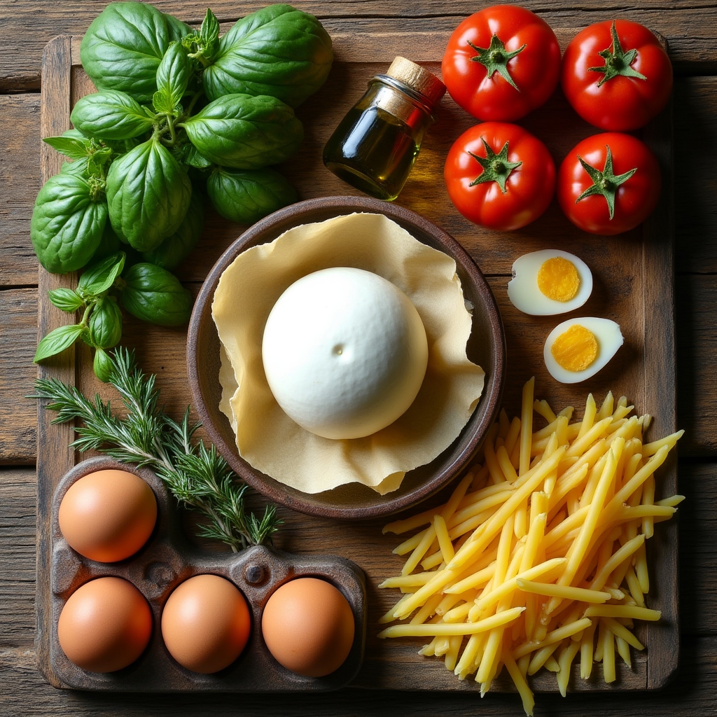 Ingredienti freschi tipici della cucina italiana regionale su un tavolo in legno