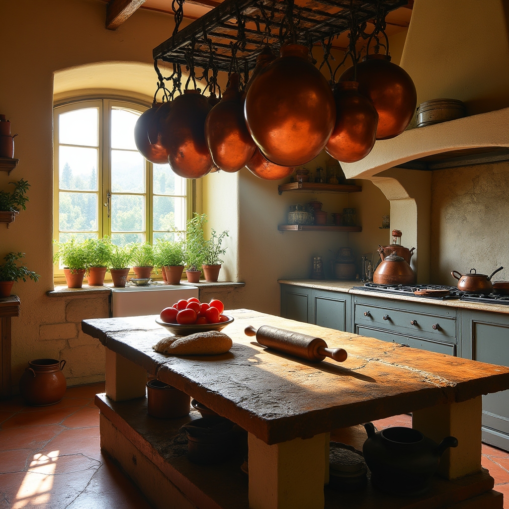 Cucina tradizionale italiana con pentole di rame e ingredienti freschi su piano di lavoro in pietra