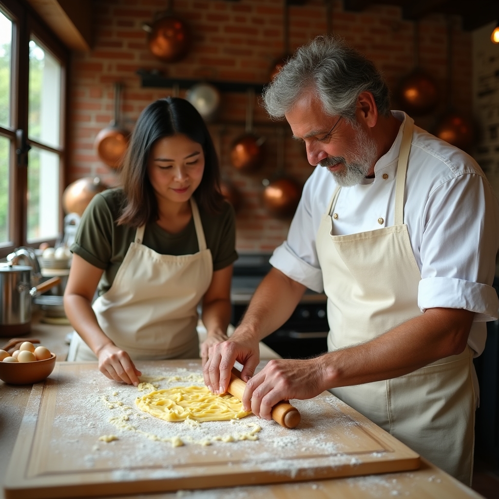 Chef locale che insegna la preparazione della pasta fresca a studenti stranieri