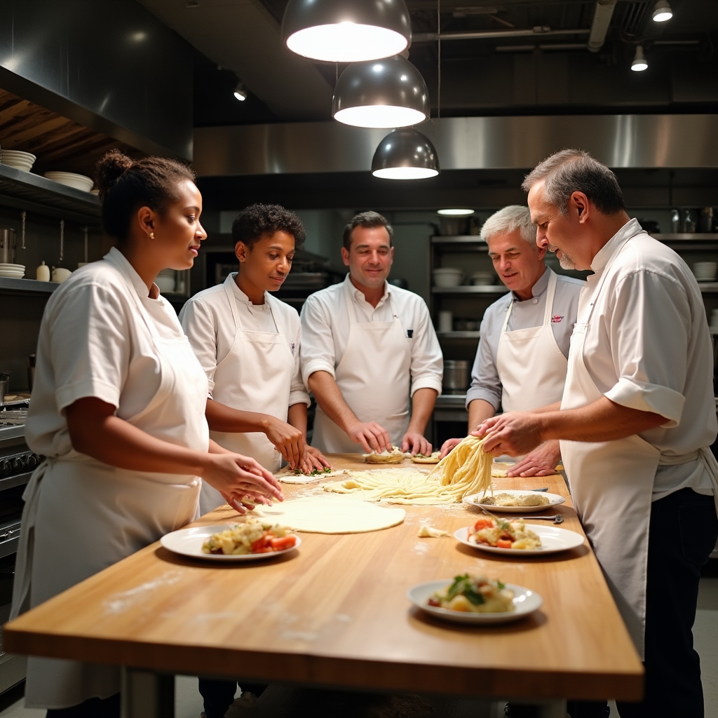 Piccolo gruppo di studenti stranieri in cucina con uno chef italiano