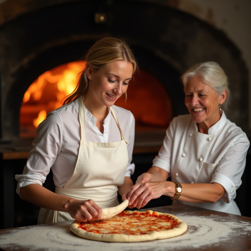 Studente straniero che stende la pizza napoletana sotto la guida dello chef